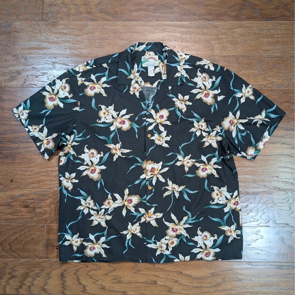 Paradise Found Hawaiian Shirt Mens XL Black Orchid Floral Cotton‎ Button Down